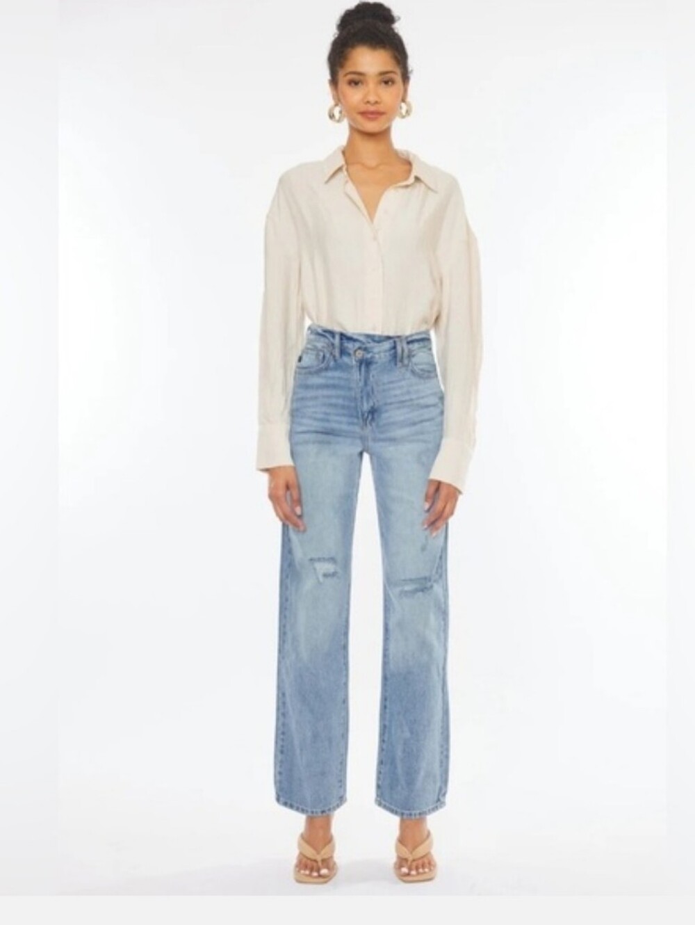 Kancan 90s Vintage Cross Front Light Blue High-Rise Wide Leg Straight Jeans